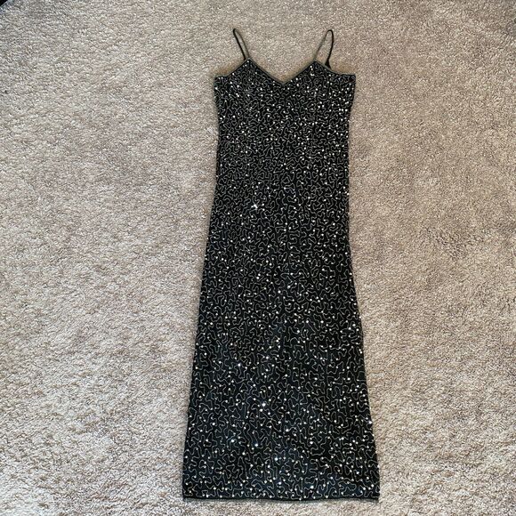 VINTAGE SCALA Black 100% Silk Beaded Sequin Maxi Gown Size Large - Picture 2 of 12